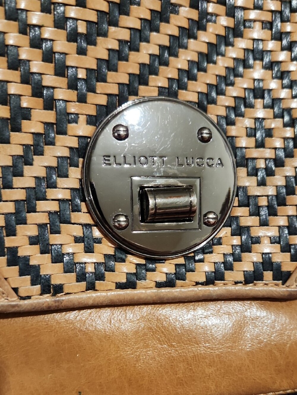 Elliott Lucca - Tan Woven Leather Shoulder Bag or Large Clutch w/Pewter Hardware - Picture 2 of 7